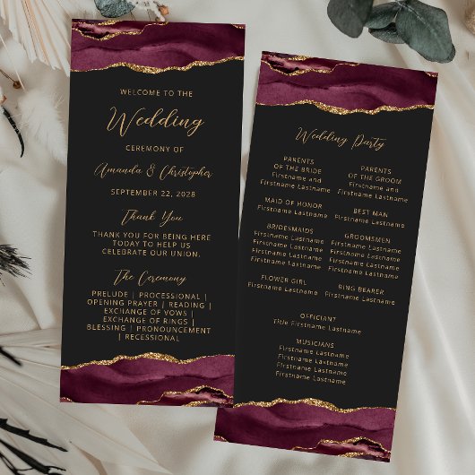 Budget Agate Burgundy Gold Dark Wedding Program Werbekarte