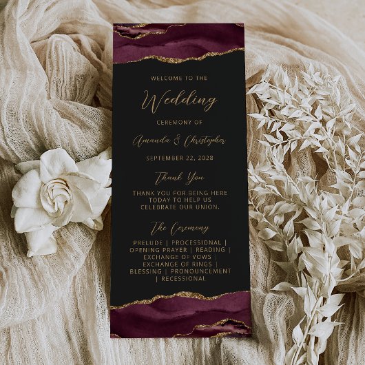 Budget Agate Burgundy Gold Dark Wedding Program Werbekarte
