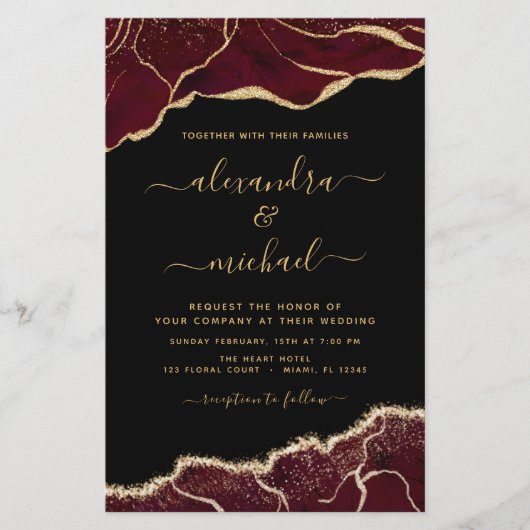 Budget Agate Burgundy Gold Wedding Einladung (Vorderseite)