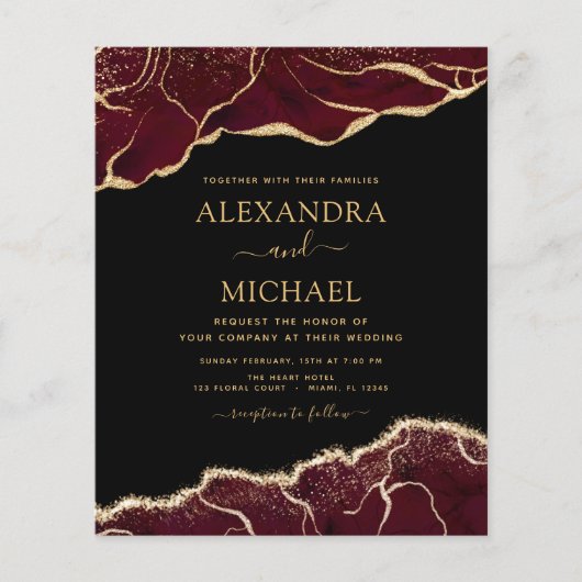 Budget Agate Burgundy Gold Wedding Einladung Flyer (Vorne)