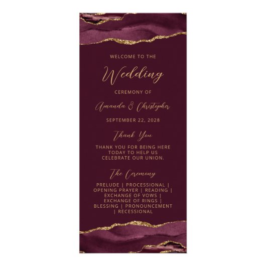 Budget Agate Burgundy Gold Wedding Program Werbekarte (Vorne)