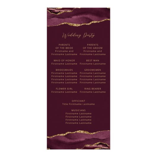Budget Agate Burgundy Gold Wedding Program Werbekarte (Hinten)