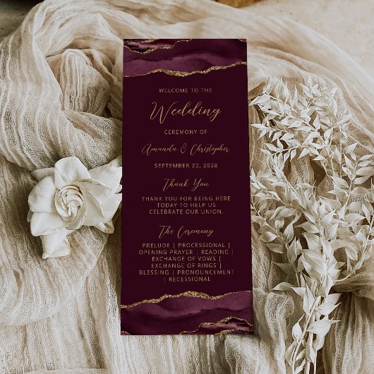 Budget Agate Burgundy Gold Wedding Program Werbekarte