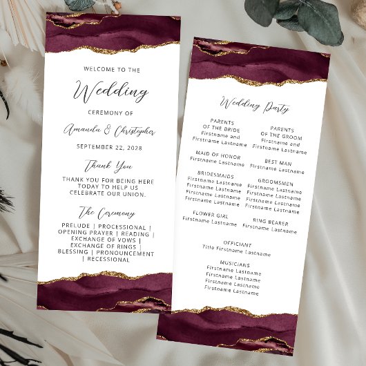 Budget Agate Burgundy Gold Wedding Program Werbekarte