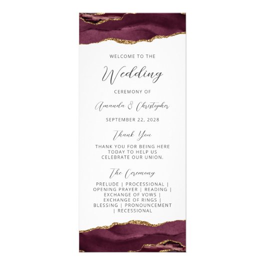 Budget Agate Burgundy Gold Wedding Program Werbekarte (Vorne)