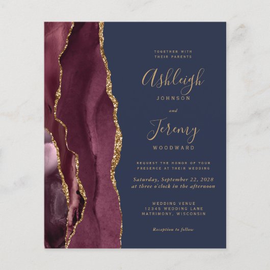 Budget Agate Burgundy Navy Blue Wedding Invitation (Vorderseite)
