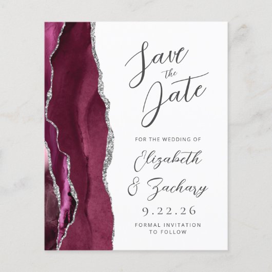 Budget Agate Burgundy Silver Script Save the Date (Vorderseite)