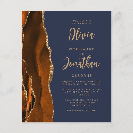 Budget Agate Burnt Orange Navy Blue Wedite Einladu (Vorderseite)