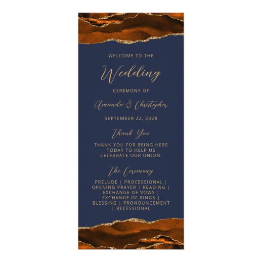 Budget Agate Burnt Orange Navy Hochzeitsprogramm Werbekarte (Vorne)