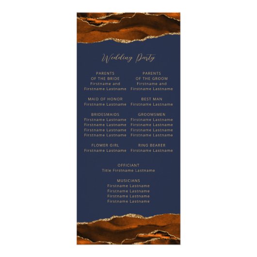 Budget Agate Burnt Orange Navy Hochzeitsprogramm Werbekarte (Hinten)
