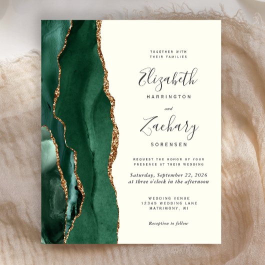 Budget Agate Emerald Green Ivory Wedding Einladung