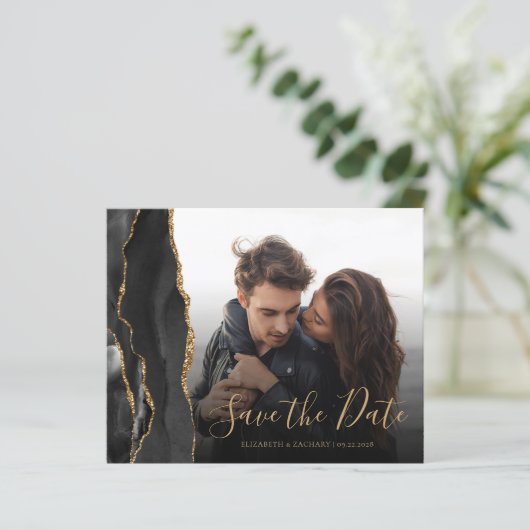 Budget Agate Geode Black Gold Foto Save the Date (Stehend Vorderseite)