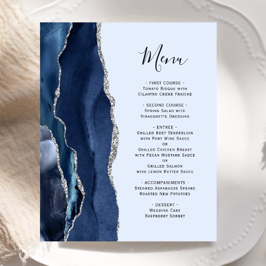 Budget Agate Navy Blassblaue Silver Wedding Menü