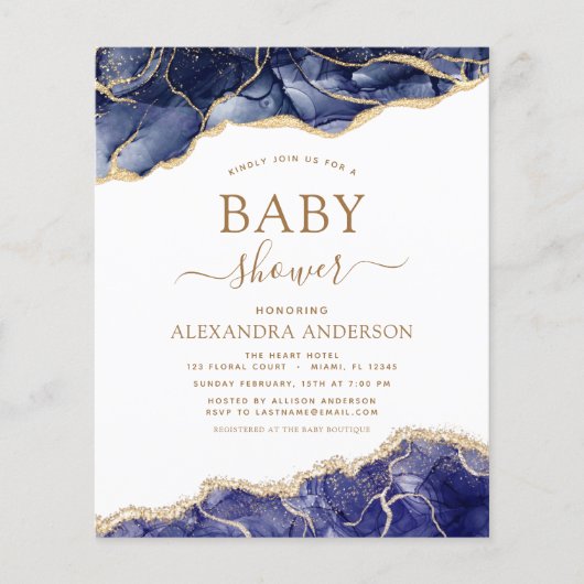 Budget Agate Navy Blue Gold Baby Dusche Flyer (Vorne)
