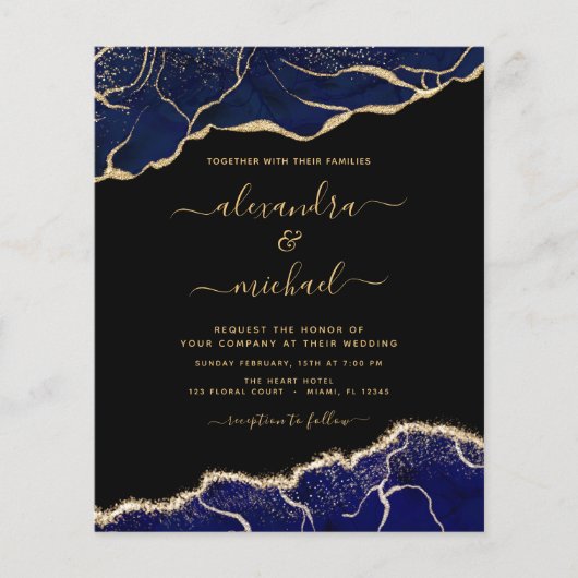 Budget Agate Navy Blue Gold Blue Wedding (Vorderseite)