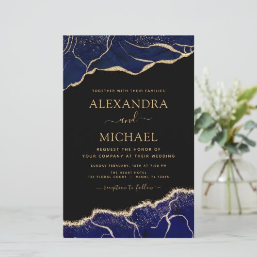 Budget Agate Navy Blue Gold Blue Wedding (Stehend Vorderseite)