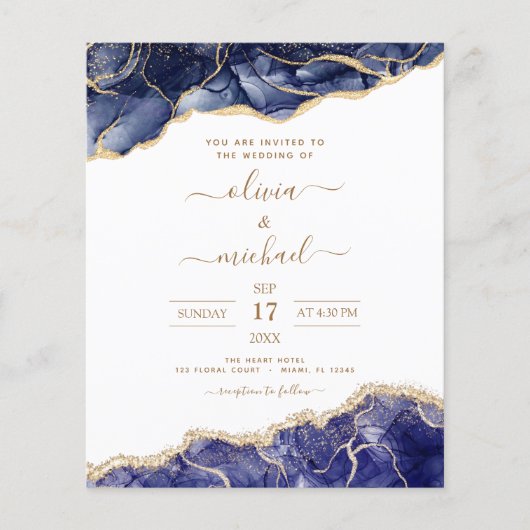 Budget Agate Navy Blue Gold Blue Wedding Flyer (Vorne)