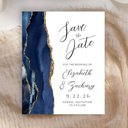 Budget Agate Navy Blue Gold Script Save the Date