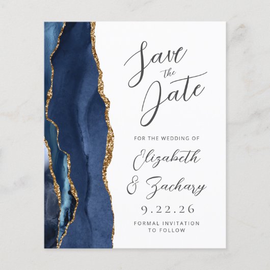 Budget Agate Navy Blue Gold Script Save the Date (Vorderseite)