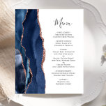 Budget Agate Navy Blue Rose Gold Wedding Menü<br><div class="desc">Die links Seite dieses eleganten,  modernen Hochzeitsmenüs besticht durch eine marineblau-blaue Aquarellgrenze,  die mit Imitaten Rose Gold Glitzer bestickt wurde. Der anpassbare Text kombiniert handgeschriebene Skripte und Copperplate-Schriftart in Holzkohlegrau auf weißem Hintergrund. Auf der Rückseite ist ein passendes marineblau-blaues und goldfarbenes Dekor mit Rose.</div>
