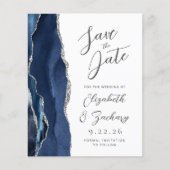 Budget Agate Navy Blue Silver Script Save the Date (Vorderseite)