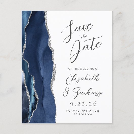 Budget Agate Navy Blue Silver Script Save the Date (Vorderseite)