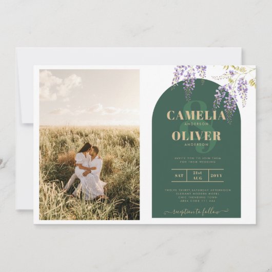 Budget All-in1 FOTO Wedding Wisteria QR Code INV Einladung (Vorderseite)