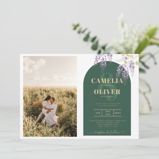 Budget All-in1 FOTO Wedding Wisteria QR Code INV Einladung (Stehend Vorderseite)