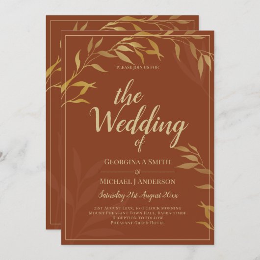 Budget All-in-1 Rustic Terracotta GOLD Wedding Einladung (Vorne/Hinten)