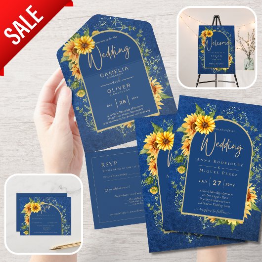 BUDGET All-in-1 Rustikale Sonnenblumen BLAU Hochze Postkarte