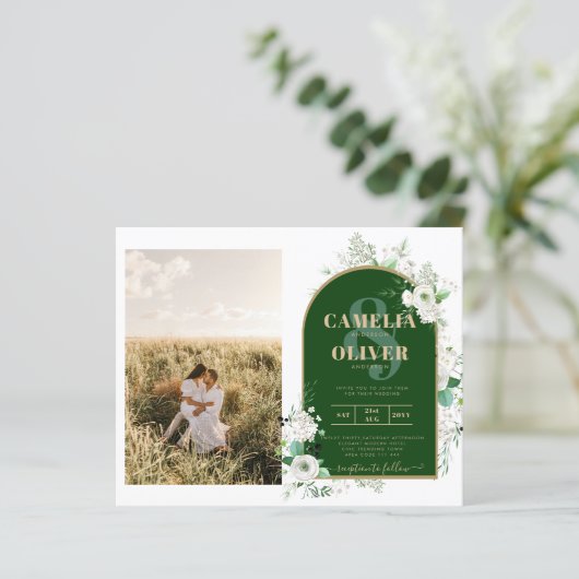 Budget All-in-1 White Roses Green Wedding QR Code (Stehend Vorderseite)