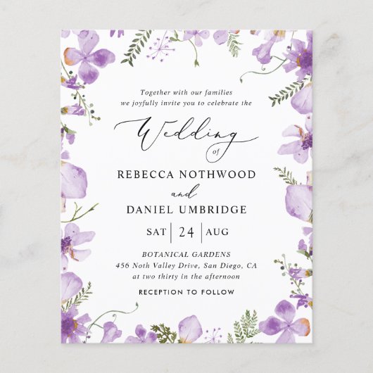 Budget All-in-one Lavender Wedding Einladung (Vorderseite)