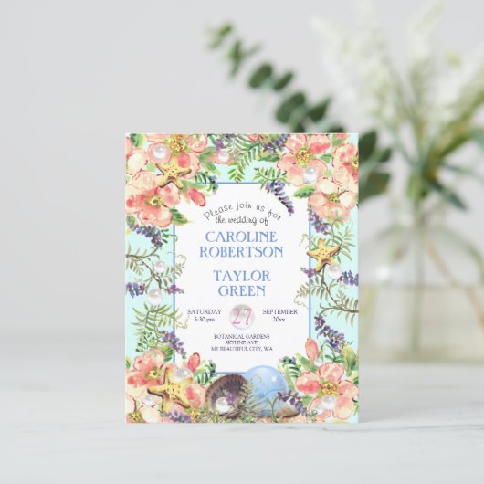 Budget Aqua Beach Rose Seashell Pearl Wedding (Stehend Vorderseite)