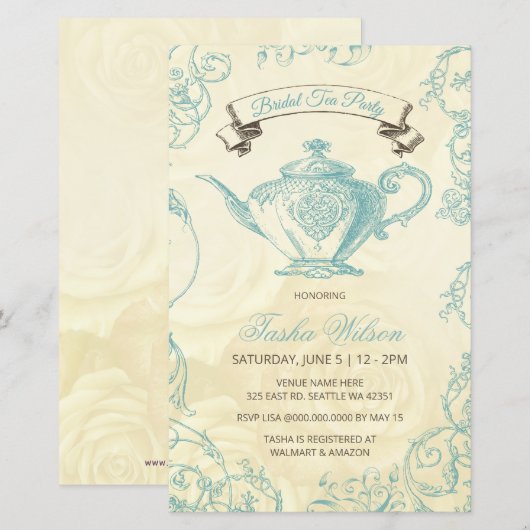 Budget Aqua Ivory Vintag Bridal Tea Einladung (Vorne/Hinten)