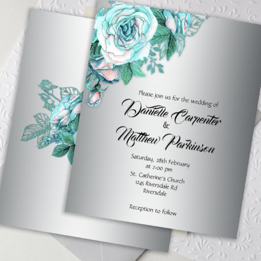 Budget Aqua Rose auf elegante Silver Wedding Einla Flyer