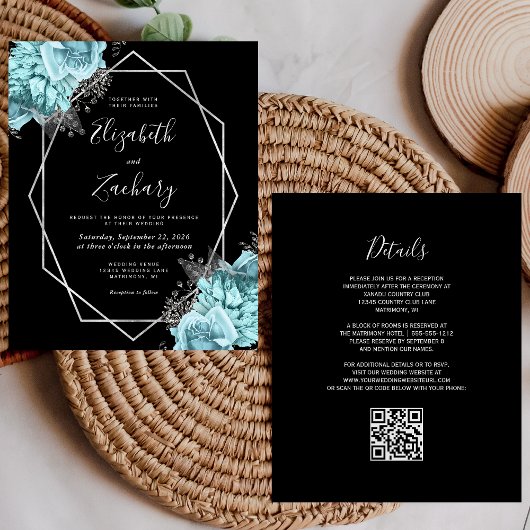 Budget Aqua Silber Blumen Hochzeit mit QR-Code
