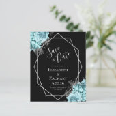 Budget Aqua Silber Blumen Schwarz Save the Date (Stehend Vorderseite)