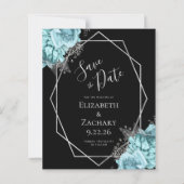 Budget Aqua Silber Blumen Schwarz Save the Date (Vorderseite)