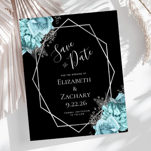 Budget Aqua Silber Blumen Schwarz Save the Date