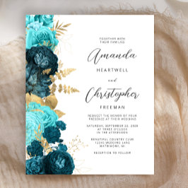Budget Aquamarin Aqua Floral Gold Script Einladung