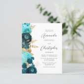 Budget Aquamarin Aqua Floral Gold Script Einladung (Stehend Vorderseite)