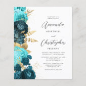 Budget Aquamarin Aqua Floral Gold Script Einladung (Vorderseite)