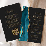 Budget Aquamarin Blue Agate Dark QR Code Hochzeit<br><div class="desc">Der links Rand dieser eleganten,  modernen Hochzeitseinladung besticht durch eine aquamarine,  blaue Aquarellgrenze mit vergoldetem Imitat-Glitzer. Der anpassbare Text kombiniert goldfarbene Handschrift,  Copperplate und kursiv Schriftart auf einem schwarzen Hintergrund. Fügen Sie zusätzliche Details auf der Rückseite,  zusammen mit einem QR-Code,  um Ihren Gästen zu helfen,  besuchen Sie Ihre Hochzeitswebsite.</div>