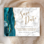 Budget Aquamarin Blue Gold Agate Marmor Save the D<br><div class="desc">Diese elegante Save the Date-Karte verfügt über eine aquamarine blaue Aquarell-Grenze mit Imitaten vergoldeten Glitzer bestickt. Der anpassbare Text kombiniert schwarz und goldfarbene Handschriftenschrift,  Copperplate und kursiv Schriftart auf grauem und weißem Marmorhintergrund. Auf der Rückseite ist ein aquamarines und goldenes Design zu sehen.</div>