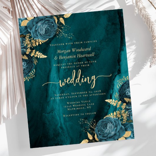 Budget Aquamarin Blue Gold Floral Wedite Einladung
