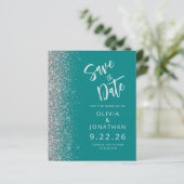 Budget Aquamarin Blue Silver Glitzer Save the Date (Stehend Vorderseite)