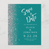 Budget Aquamarin Blue Silver Glitzer Save the Date (Vorderseite)