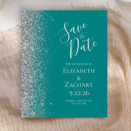 Budget Aquamarin Blue Silver Save the Date Card