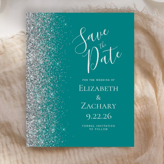 Budget Aquamarin Blue Silver Save the Date Card