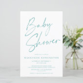Budget Aquamarin Blue Simple Script Baby Dusche (Stehend Vorderseite)